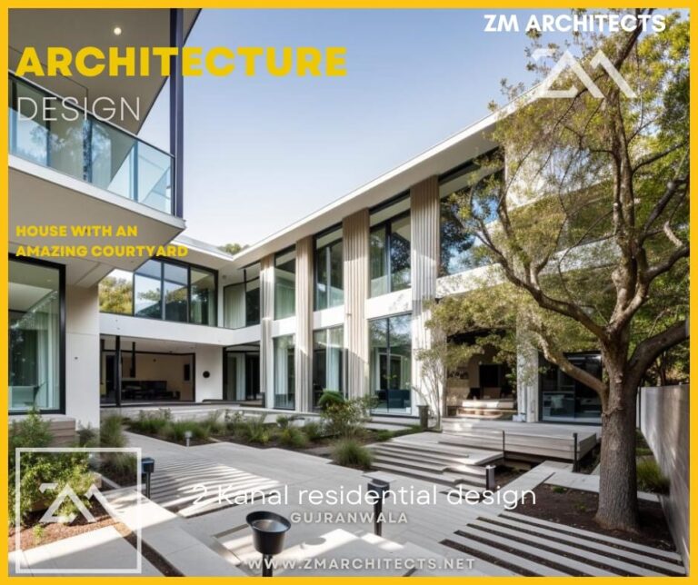 A 2 Kanal custom residence in Gujranwala organized around a central courtyard with a mature shade tree, designed by ZM Architects.