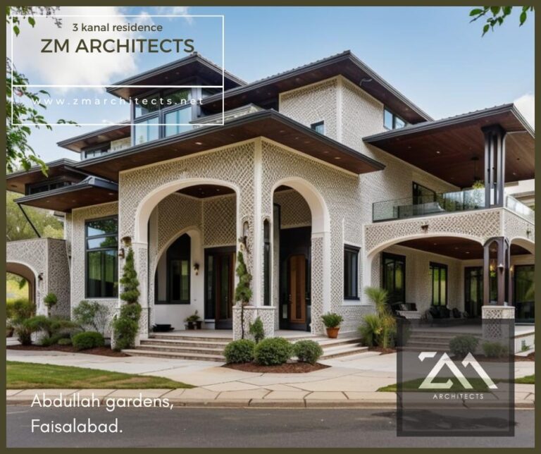 A 3 Kanal residence in Abdullah Gardens, Faisalabad, featuring arched openings and a classical stucco facade. Designed by ZM Architects.