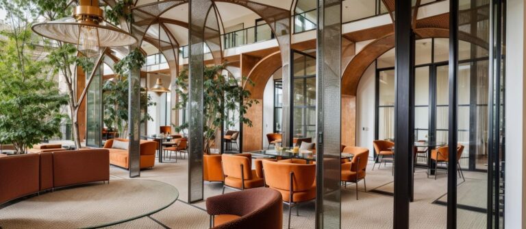 A cafe seating area beneath an arched glass roof atrium with wicker furniture and abundant greenery, designed by ZM Architects.