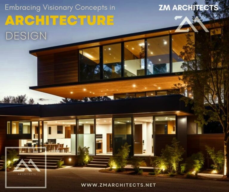 A contemporary residence in Lahore with a cantilevered timber-clad upper volume and full-height glazing overlooking a mature garden. Designed by ZM Architects.