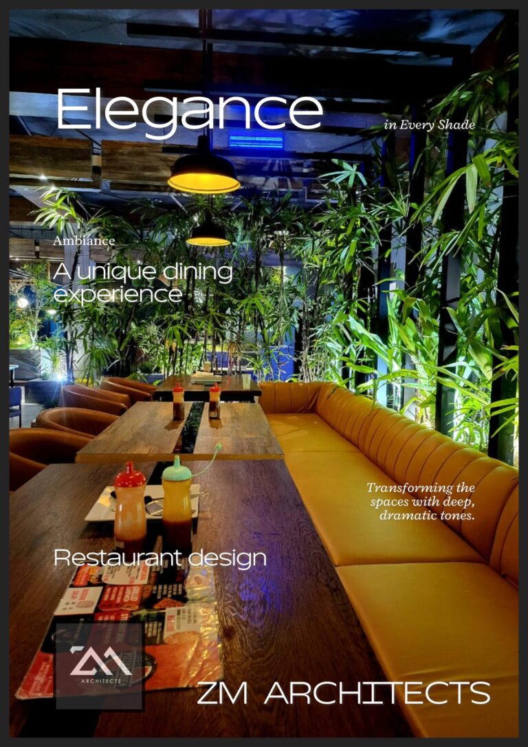 A restaurant design concept titled "Elegance in Every Shade," featuring lush greenery and gold-toned banquette seating, by ZM Architects.