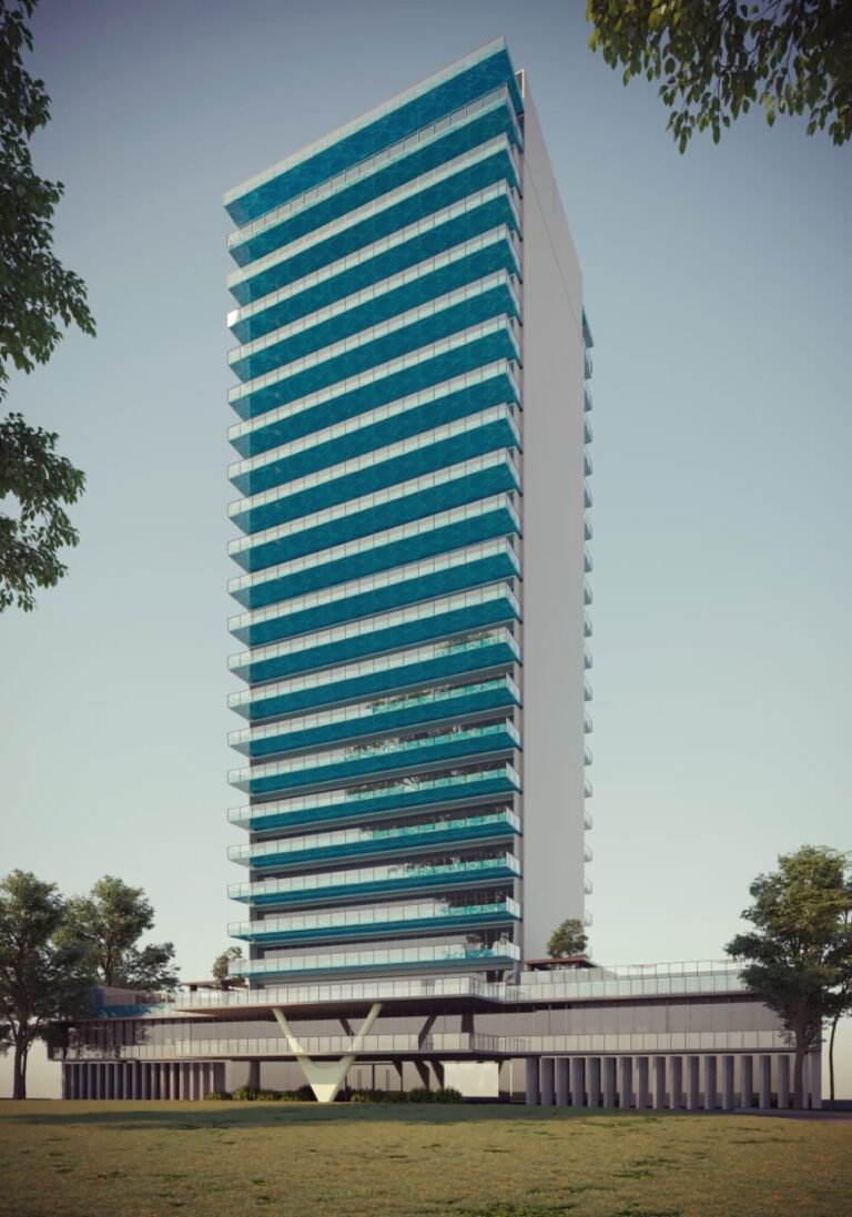 A high-rise residential tower concept featuring a glazed curtain-wall facade and elevated podium, designed by ZM Architects for urban multi-family housing.