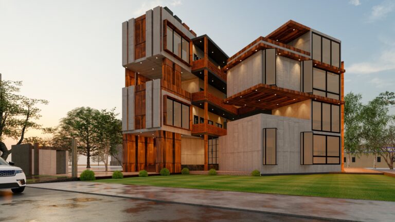 A contemporary high school building composed of stacked timber-and-glass volumes on a 2-acre campus site, designed by ZM Architects.