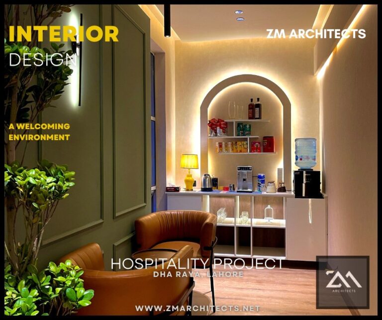A welcoming reception and bar area for a hospitality project in DHA Raya, Lahore, featuring a backlit arched display niche and warm wood tones. Designed by ZM Architects.