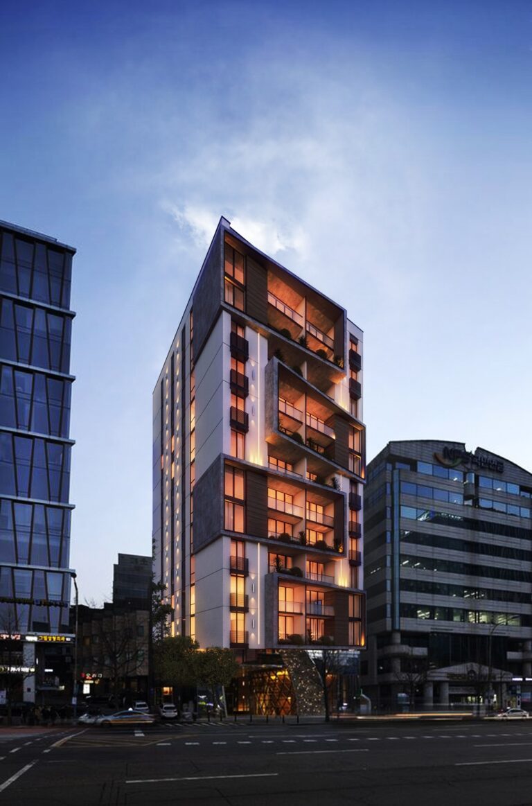 A mid-rise luxury apartment building in Lahore with a warm timber-screen and brick facade fronting a landscaped boulevard. Designed by ZM Architects.