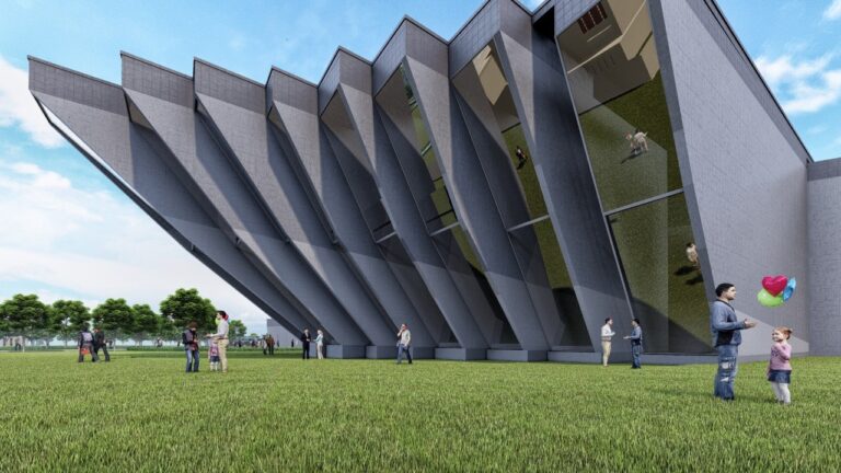 A sculptural sports complex with a folded concrete-and-glass facade, designed by ZM Architects for institutional and recreational use.
