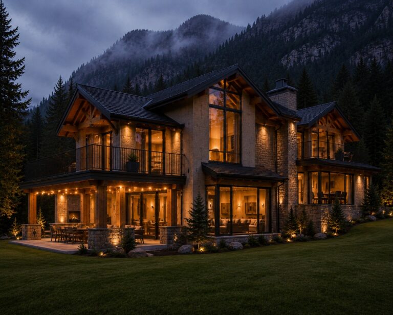 A timber-and-stone holiday home in Nathiagali, Northern Pakistan, with a warmly lit facade overlooking its back lawn at dusk. Designed by ZM Architects.