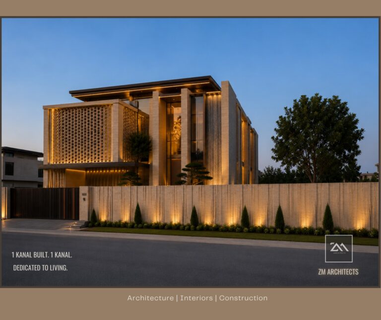 A 1 Kanal residence in Multan with a perforated screen facade and warm exterior lighting, photographed at night. Designed by ZM Architects.