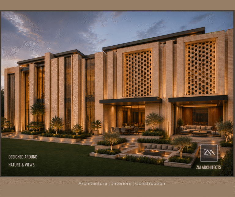 An outdoor patio with a fire pit and landscaped seating area at the Multan Residence, designed by ZM Architects.