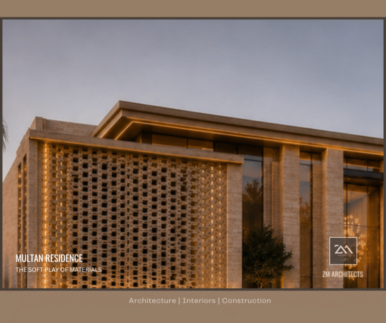 A detail view of the stone jali screen facade at the Multan Residence, designed by ZM Architects.