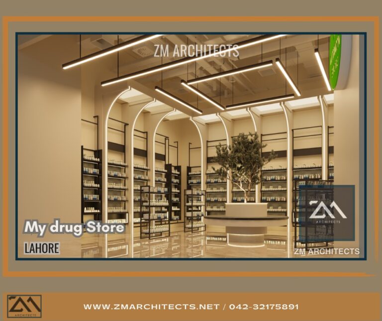 A 3D design render of "My Drug Store" pharmacy retail interior in Lahore, showing arched shelving and a central planted display. Designed by ZM Architects.