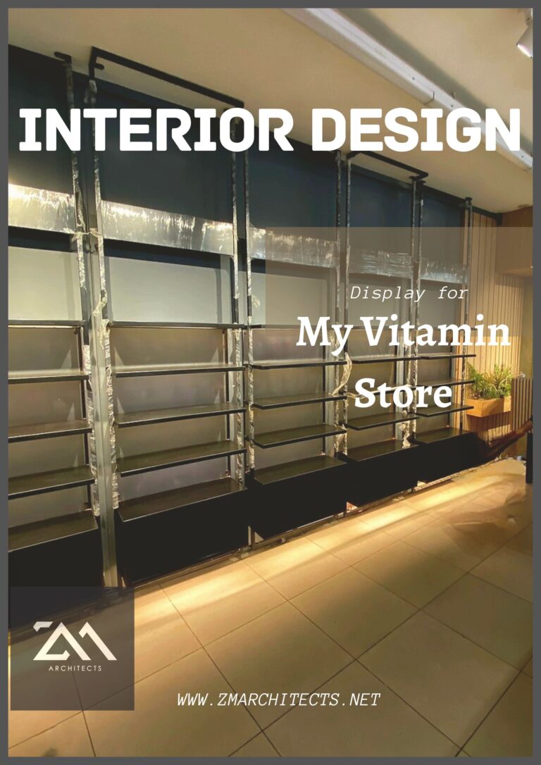 A retail interior design concept for "My Vitamin Store" in Lahore, shown during shelving installation. Designed by ZM Architects.
