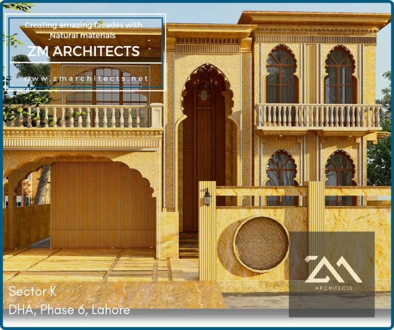 A custom residence in Sector K, DHA Phase 6, Lahore, showcasing an ornate stone facade with arched openings and carved balustrades. Designed by ZM Architects.