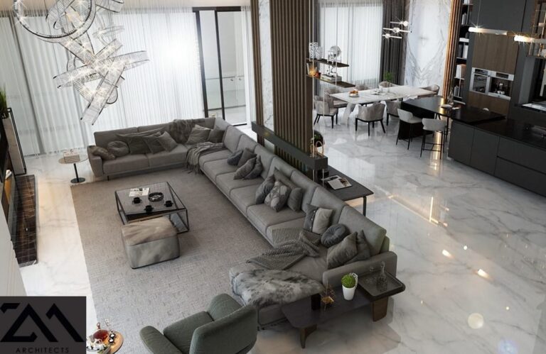 An open-plan living and dining interior with marble flooring and a sculptural chandelier, designed by ZM Architects.