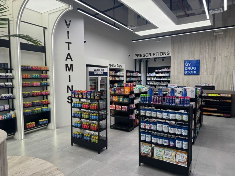 Interior signage and product zoning within "My Drug Store" pharmacy in Lahore, designed by ZM Architects.