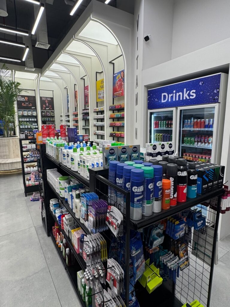 A product display aisle within "My Drug Store" pharmacy in Lahore, designed by ZM Architects.