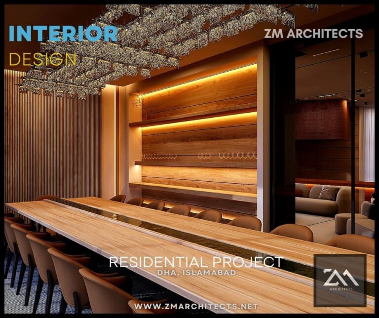 A wood-paneled dining and bar area within a residential project in DHA, Islamabad, designed by ZM Architects.