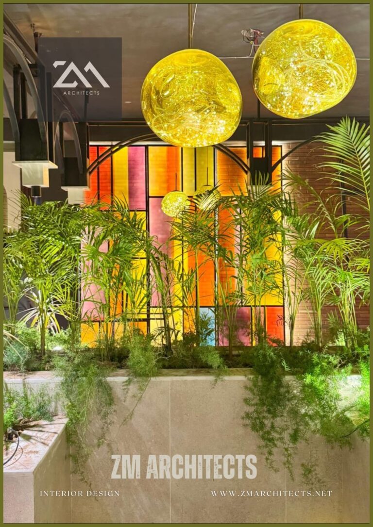 A colorful stained-glass feature wall surrounded by lush greenery, part of a restaurant interior design concept by ZM Architects.