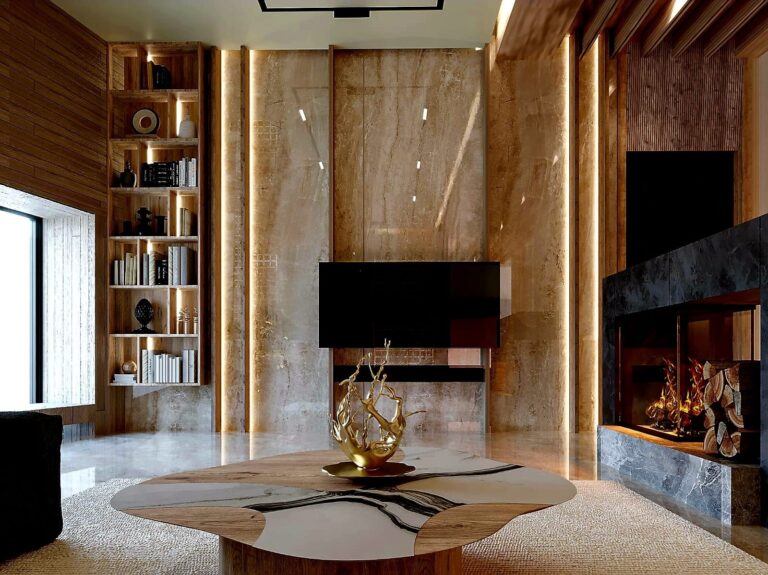 A living room interior combining natural stone cladding, timber shelving, and a fireplace feature, designed by ZM Architects.