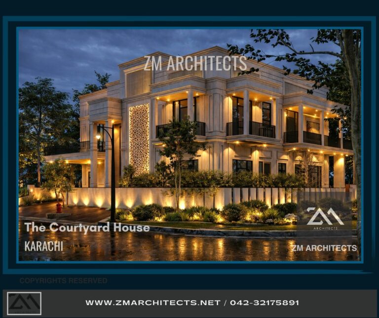 "The Courtyard House," a custom residence in Karachi with a classical stone facade, manicured gardens, and illuminated entrance colonnade. Designed by ZM Architects.