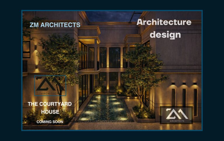 A night view of the illuminated pool walkway at "The Courtyard House" in Karachi, part of a custom residence by ZM Architects.